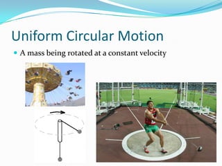 Uniform Circular Motion
 A mass being rotated at a constant velocity
 
