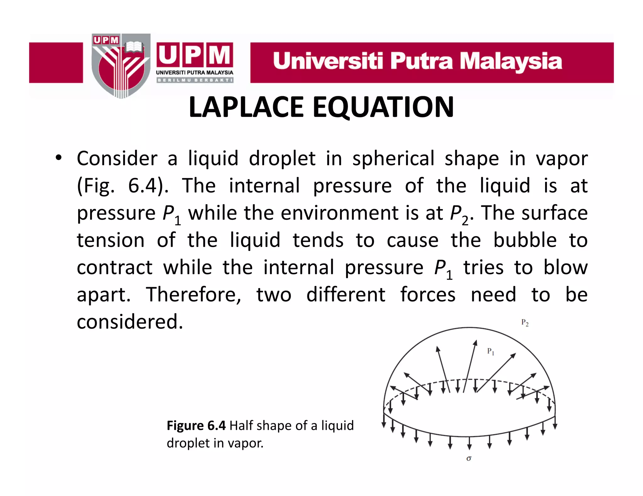 LAPLACE EQUATION
• C id a li id d l t i spherical shape i vapor
Consider liquid droplet in h i l h
in
(Fig. 6.4). The internal pressure of the liquid is at
pressure P1 while the environment is at P2. The surface
tension of the liquid tends to cause the bubble to
contract while the internal pressure P1 tries to blow
apart. Therefore, two different forces need to be
considered.

Figure 6.4 Half shape of a liquid 
droplet in vapor.

 