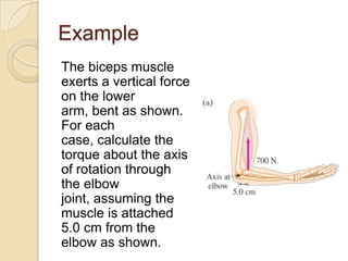 Example
The biceps muscle
exerts a vertical force
on the lower
arm, bent as shown.
For each
case, calculate the
torque about the axis
of rotation through
the elbow
joint, assuming the
muscle is attached
5.0 cm from the
elbow as shown.
 