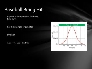 Baseball Being Hit
•   Impulse is the area under the Force
    time curve


•   For this example, impulse N·s


•   Direction?


•   Area = impulse = 13.1 N·s
 