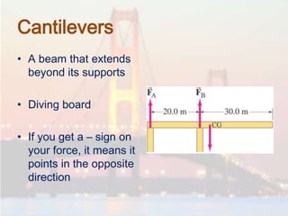 Cantilevers
• A beam that extends
beyond its supports
• Diving board
• If you get a – sign on
your force, it means it
points in the opposite
direction