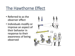 The Hawthorne Effect
• Referred to as the
observer effect
• Individuals modify or
improve an aspect of
their behavior in
response to their
awareness of being
observed
 