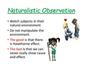 Naturalistic Observation
• Watch subjects in their
natural environment.
• Do not manipulate the
environment.
• The good is that there
is Hawthorne effect.
• The bad is that we can
never really show cause
and effect.
 
