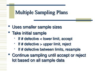 Multiple Sampling Plans
Multiple Sampling Plans
 Uses smaller sample sizes
Uses smaller sample sizes
 Take initial sample
Take initial sample

If # defective < lower limit, accept
If # defective < lower limit, accept

If # defective > upper limit, reject
If # defective > upper limit, reject

If # defective between limits, resample
If # defective between limits, resample
 Continue sampling until accept or reject
Continue sampling until accept or reject
lot based on all sample data
lot based on all sample data
 