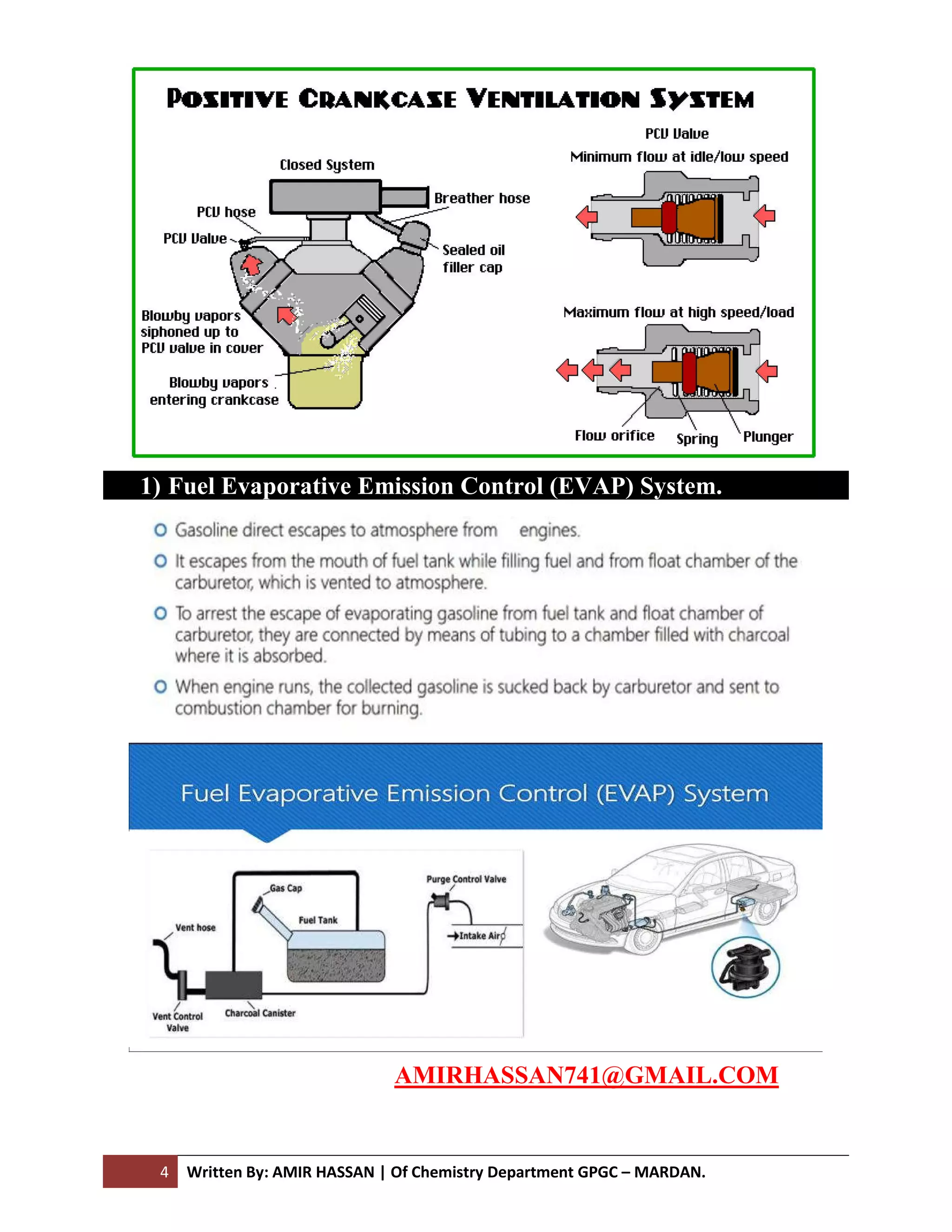 4 Written By: AMIR HASSAN | Of Chemistry Department GPGC – MARDAN.
1) Fuel Evaporative Emission Control (EVAP) System.
AMIRHASSAN741@GMAIL.COM
 