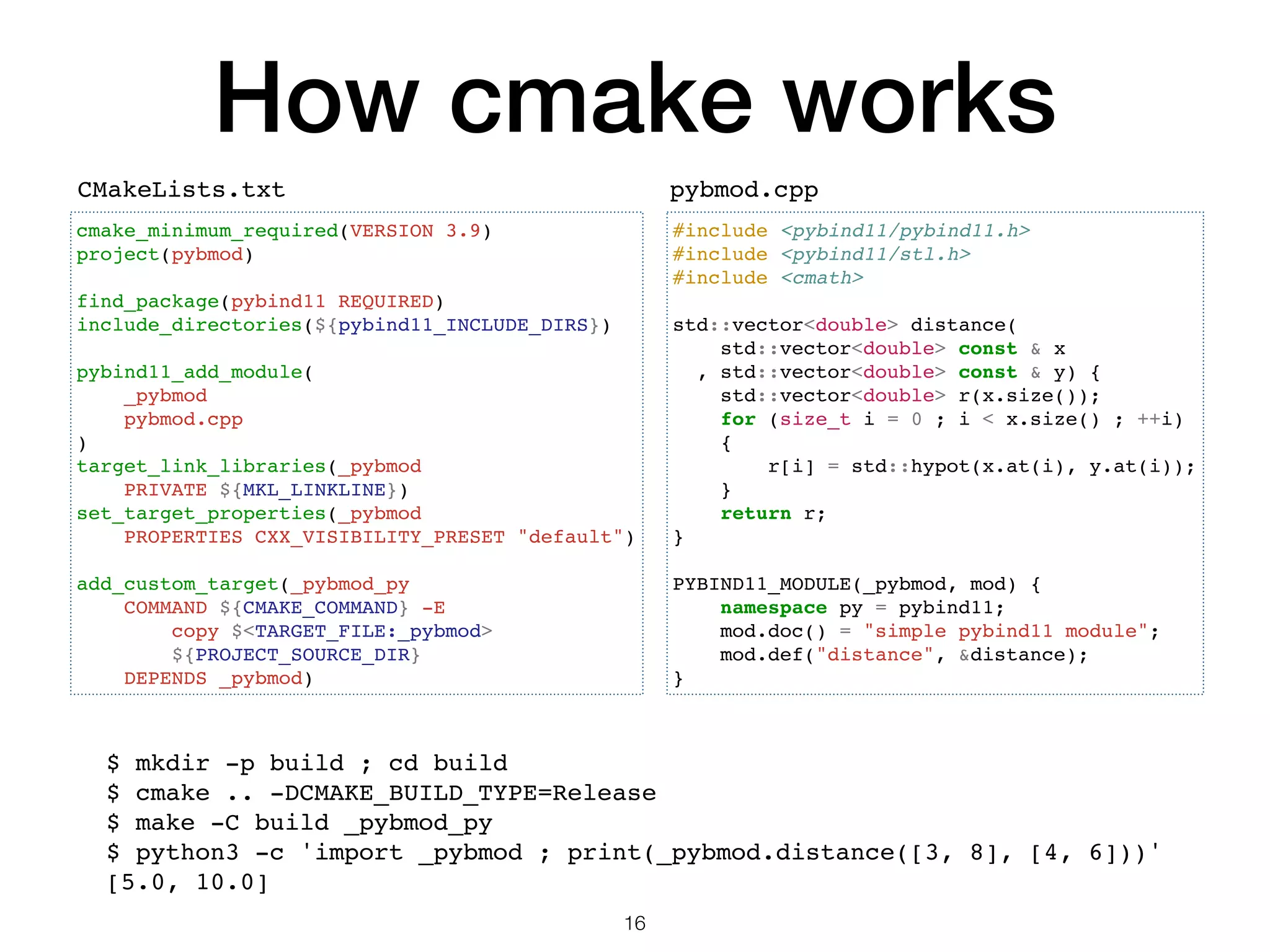 How cmake works 16 #include <pybind11/pybind11.h> #include <pybind11/stl.h> #include <cmath> std::vector<double> distance( std::vector<double> const & x , std::vector<double> const & y) { std::vector<double> r(x.size()); for (size_t i = 0 ; i < x.size() ; ++i) { r[i] = std::hypot(x.at(i), y.at(i)); } return r; } PYBIND11_MODULE(_pybmod, mod) { namespace py = pybind11; mod.doc() = "simple pybind11 module"; mod.def("distance", &distance); } cmake_minimum_required(VERSION 3.9) project(pybmod) find_package(pybind11 REQUIRED) include_directories(${pybind11_INCLUDE_DIRS}) pybind11_add_module( _pybmod pybmod.cpp ) target_link_libraries(_pybmod PRIVATE ${MKL_LINKLINE}) set_target_properties(_pybmod PROPERTIES CXX_VISIBILITY_PRESET "default") add_custom_target(_pybmod_py COMMAND ${CMAKE_COMMAND} -E copy $<TARGET_FILE:_pybmod> ${PROJECT_SOURCE_DIR} DEPENDS _pybmod) $ mkdir -p build ; cd build $ cmake .. -DCMAKE_BUILD_TYPE=Release $ make -C build _pybmod_py $ python3 -c 'import _pybmod ; print(_pybmod.distance([3, 8], [4, 6]))' [5.0, 10.0] CMakeLists.txt pybmod.cpp 