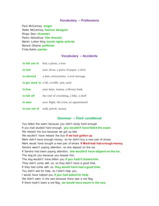 Vocabulary – Professions
Paul McCartney singer
Stella McCartney fashion designer
Ringo Starr drummer
Pedro Almodóvar film director
Martin Luther King social rights activist
Barack Obama politician
Frida Kahlo painter
Vocabulary – Accidents
to fall out of bed, a plane, a tree
to tear your dress, a piece of paper, a shirt
to misread a date, instructions, a text message
to get stuck in a lift, a traffic jam, sand
to lose your keys, money, a library book
to fall off the roof of a building, a bike, a shelf
to miss your flight, the train, an appointment
to run out of milk, petrol, money
Grammar – Third conditional
You failed the exam because you didn't study hard enough.
If you had studied hard enough, you wouldn't have failed the exam.
We missed the bus because we got up late.
We wouldn't have missed the bus if we had gotten up.
Mark didn't have enough money, so he didn't buy a new pair of shoes.
Mark would have bought a new pair of shoes if Mark had had enough money.
Sandra wasn't paying attention, so she slipped on the ice.
If Sandra had been paying attention, she wouldn't have slipped on the ice.
The dog bit you because you teased him.
The dog wouldn't have bitten you if you hadn't teased him.
They didn't come with us, so they didn't have a good time.
If they had come with us, they would have had a good time.
You didn't ask for help, so I didn't help you.
I would have helped you if you had asked for help.
We didn't swim in the sea because there was a red flag.
If there hadn't been a red flag, we would have swum in the sea.
 