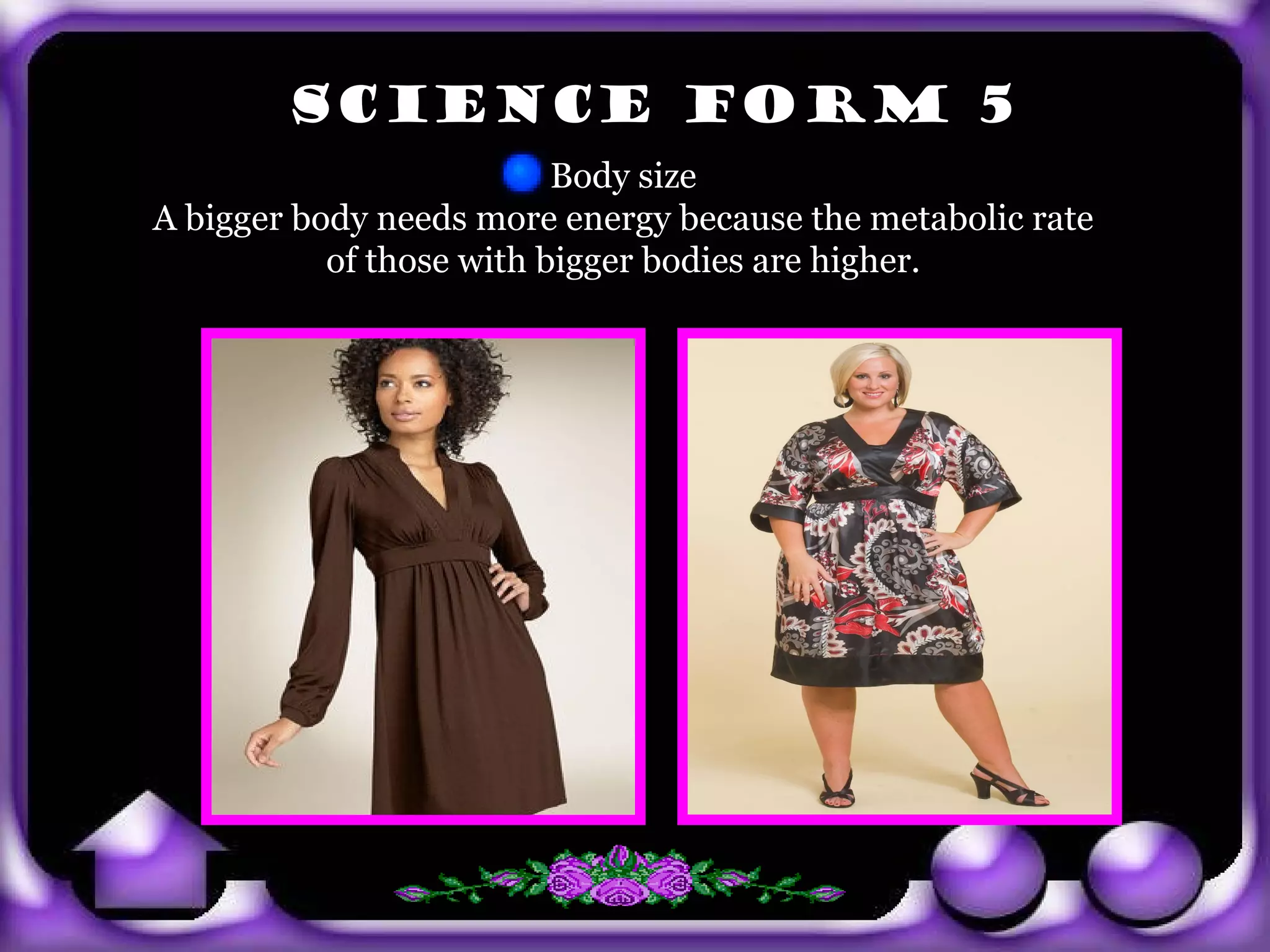 SCIENCE FORM 5
                                 Body size
       A bigger body needs more energy because the metabolic rate
                  of those with bigger bodies are higher.




exit
 