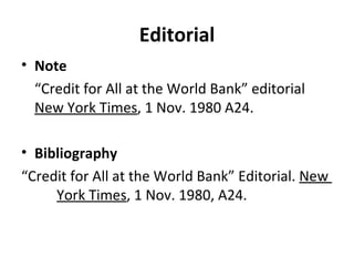 Editorial Note “ Credit for All at the World Bank” editorial  New York Times , 1 Nov. 1980 A24. Bibliography “ Credit for All at the World Bank” Editorial.  New  York Times , 1 Nov. 1980, A24. 