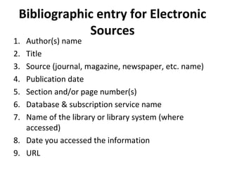 Bibliographic entry for Electronic Sources Author(s) name Title Source (journal, magazine, newspaper, etc. name) Publication date Section and/or page number(s) Database & subscription service name Name of the library or library system (where accessed) Date you accessed the information URL 