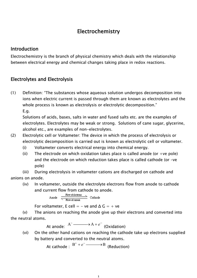 Notes and Important Points on Electrochemistry JEE Main 2015 PDF