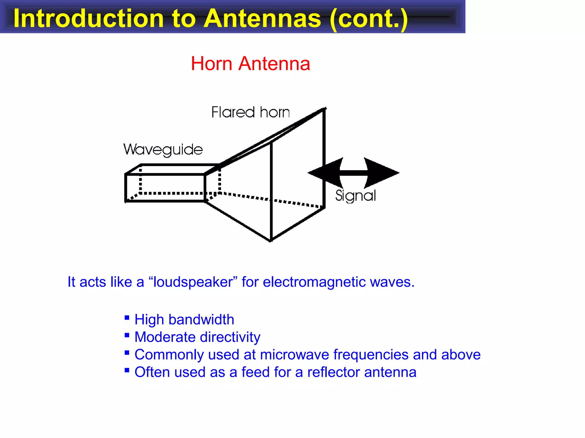 Introduction to Antennas (cont.)
Horn Antenna
It acts like a “loudspeaker” for electromagnetic waves.
 High bandwidth
 Moderate directivity
 Commonly used at microwave frequencies and above
 Often used as a feed for a reflector antenna
 