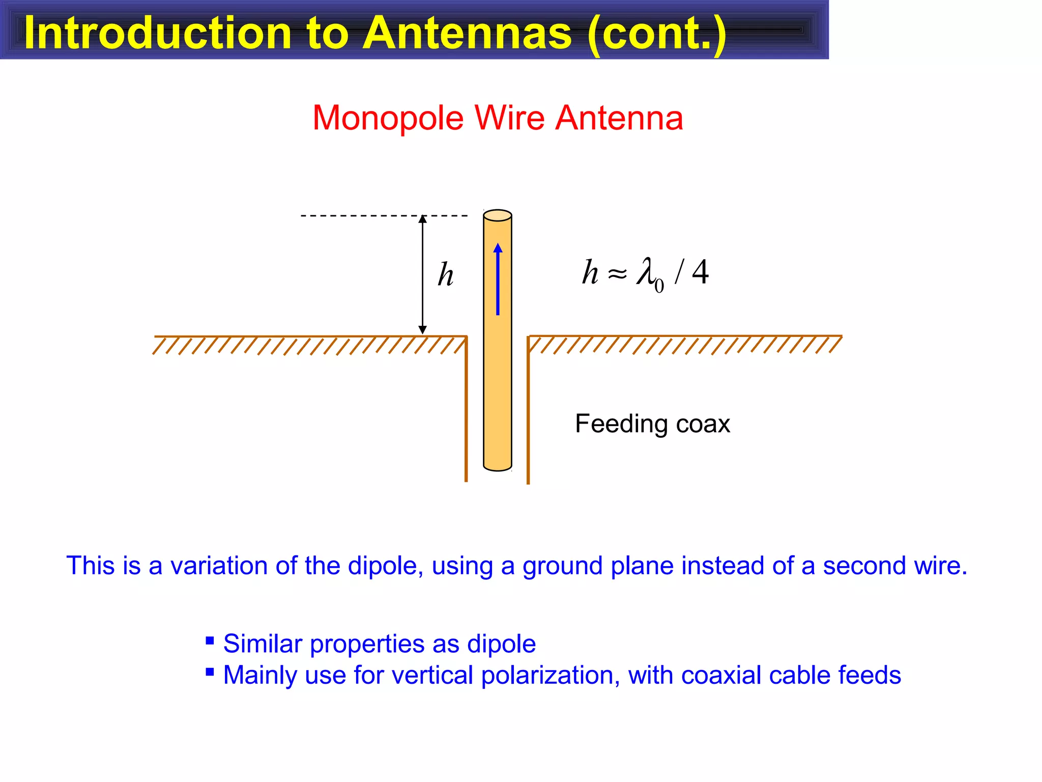 Introduction to Antennas (cont.)
Monopole Wire Antenna
This is a variation of the dipole, using a ground plane instead of a second wire.
h
Feeding coax
0 / 4h λ≈
 Similar properties as dipole
 Mainly use for vertical polarization, with coaxial cable feeds
 