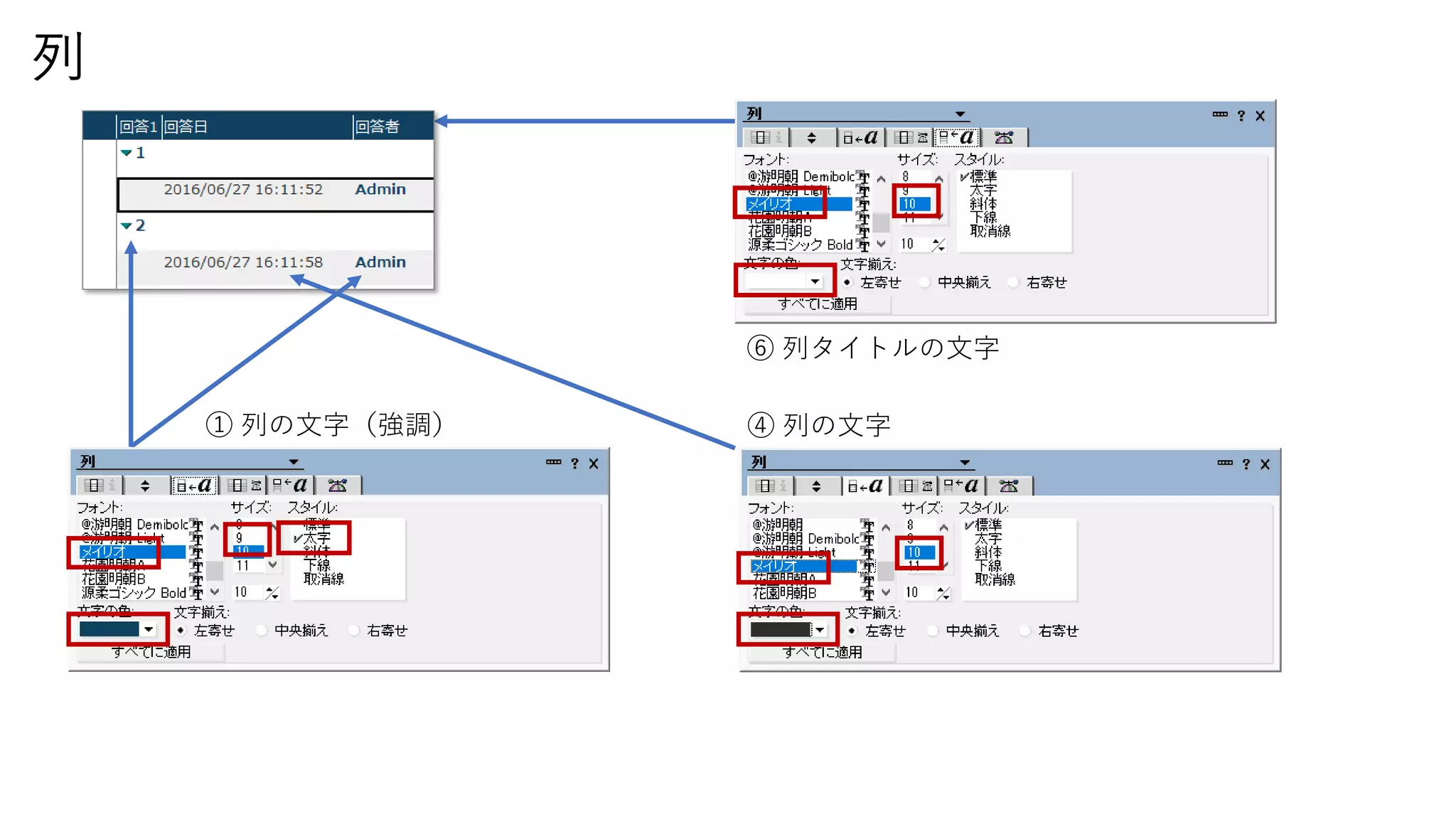 列
⑥ 列タイトルの文字
① 列の文字（強調） ④ 列の文字
 