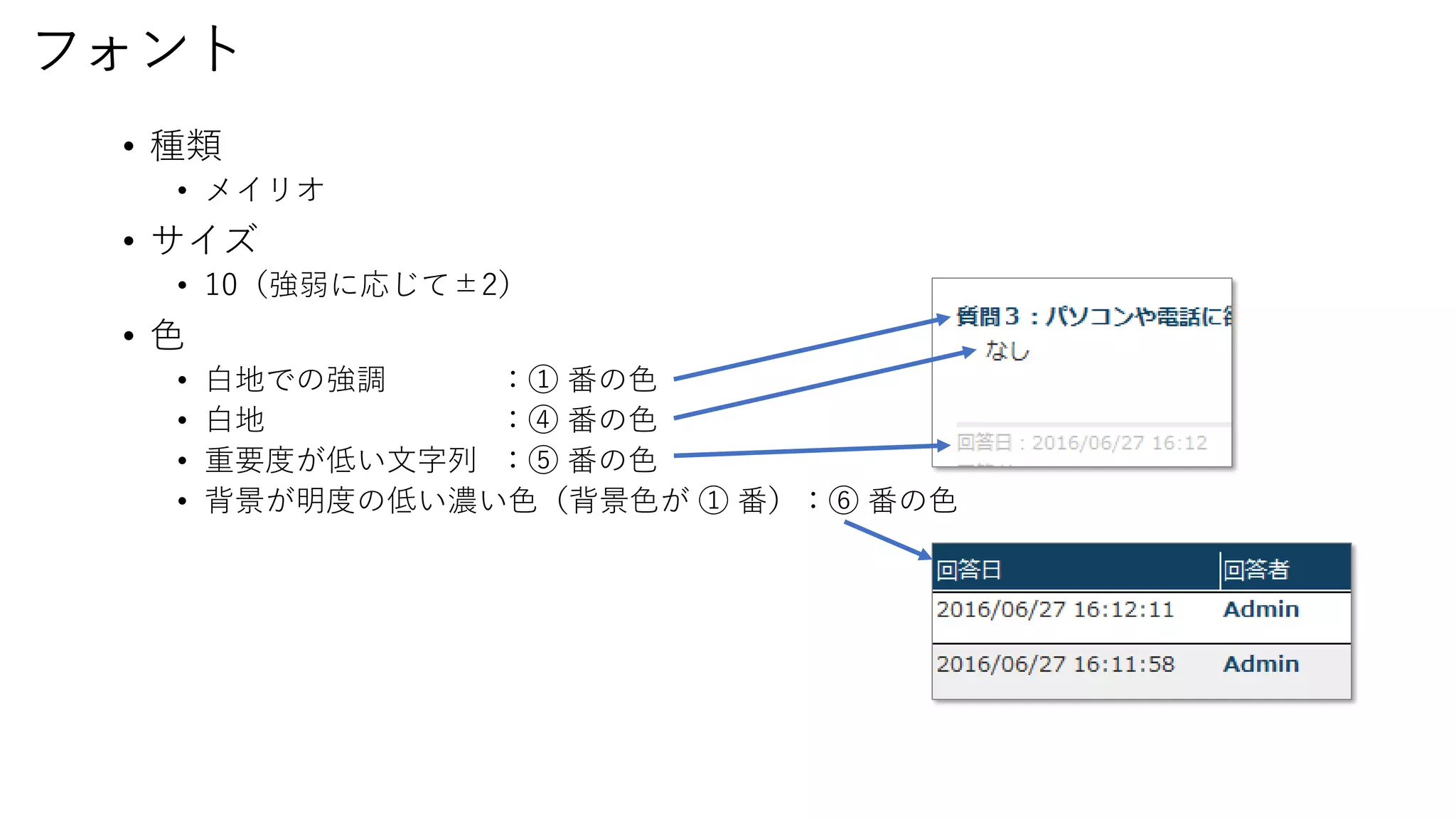 フォント
• 種類
• メイリオ
• サイズ
• 10（強弱に応じて±2）
• 色
• 白地での強調 ：① 番の色
• 白地 ：④ 番の色
• 重要度が低い文字列 ：⑤ 番の色
• 背景が明度の低い濃い色（背景色が ① 番）：⑥ 番の色
 
