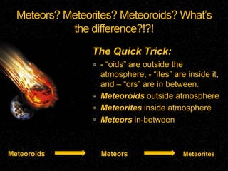 Meteors? Meteorites? Meteoroids? What’s
            the difference?!?!
                The Quick Trick:
                  - “oids” are outside the
                   atmosphere, - “ites” are inside it,
                   and – “ors” are in between.
                  Meteoroids outside atmosphere
                  Meteorites inside atmosphere
                  Meteors in-between



Meteoroids         Meteors                    Meteorites
 
