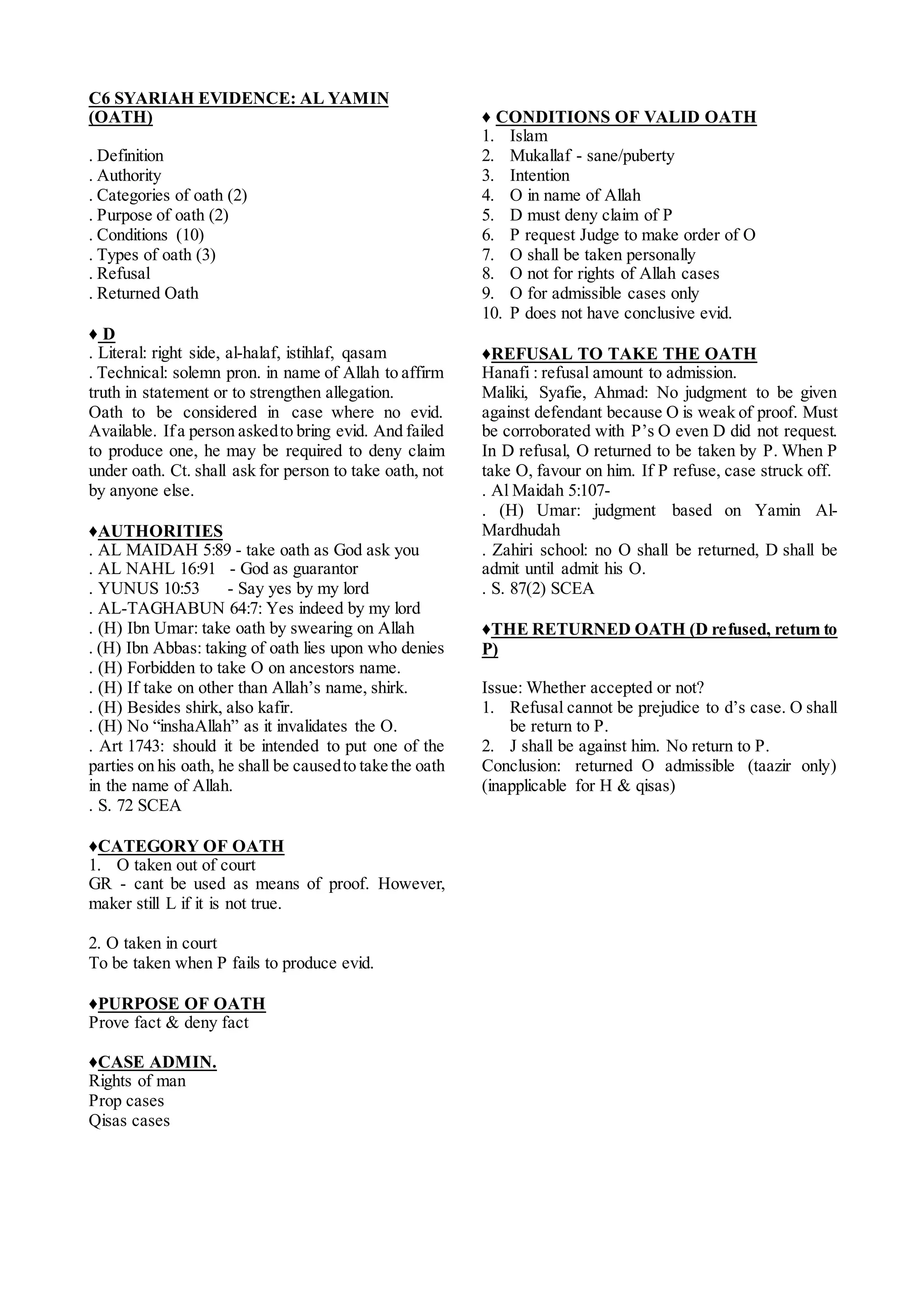 Syariah Evidence and Procedure. (short notes) | DOCX