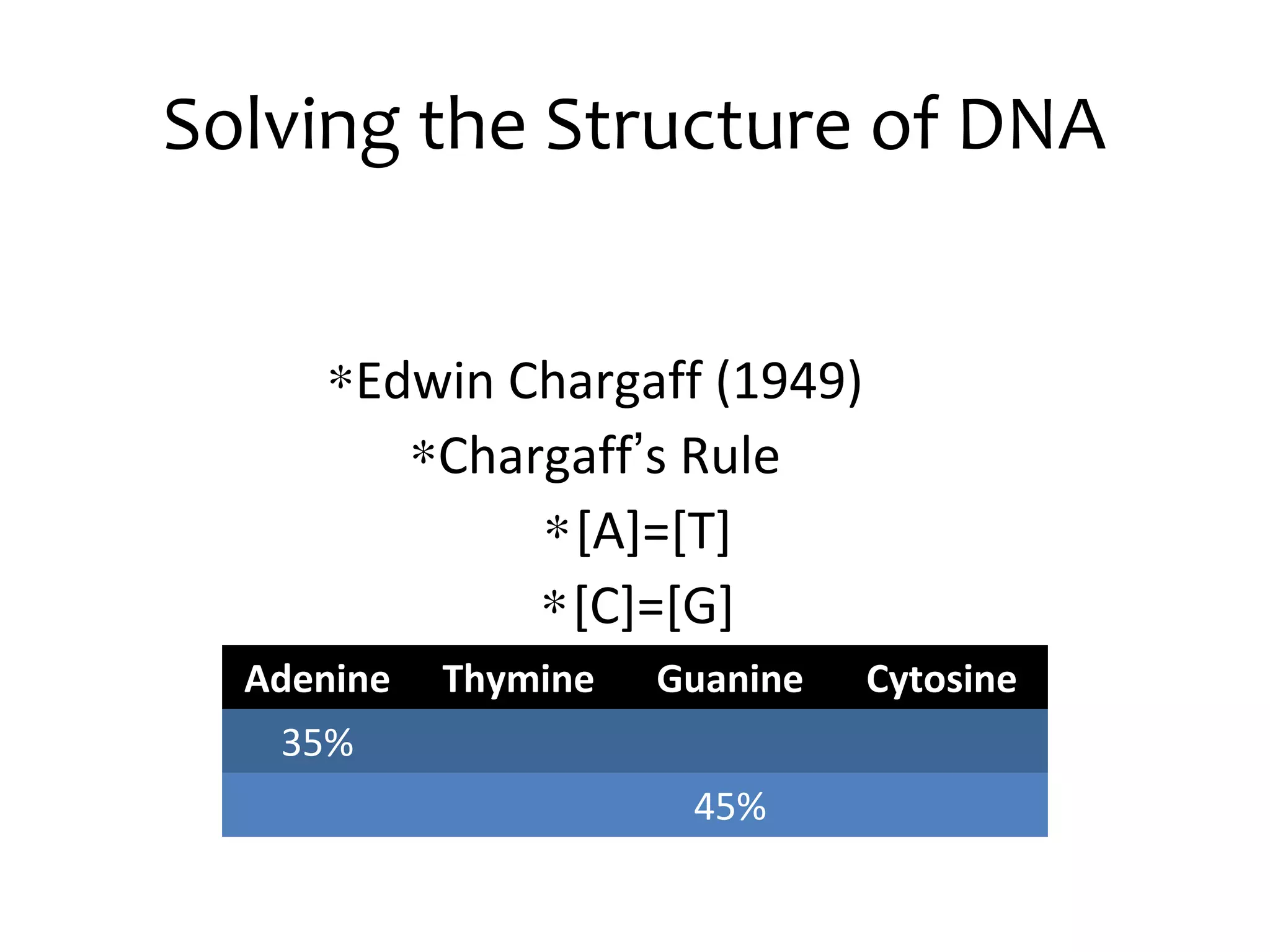 Solving the Structure of DNA
∗Edwin Chargaff (1949)
∗Chargaff’s Rule
∗[A]=[T]
∗[C]=[G]
Adenine Thymine Guanine Cytosine
35%
45%
 