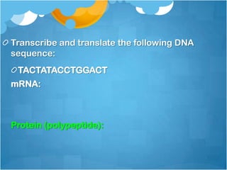 Transcribe and translate the following DNA
sequence:
TACTATACCTGGACT
mRNA:
Protein (polypeptide):
 