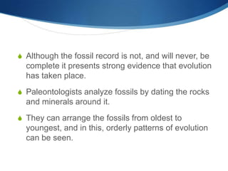 S Although the fossil record is not, and will never, be
complete it presents strong evidence that evolution
has taken place.
S Paleontologists analyze fossils by dating the rocks
and minerals around it.
S They can arrange the fossils from oldest to
youngest, and in this, orderly patterns of evolution
can be seen.
 