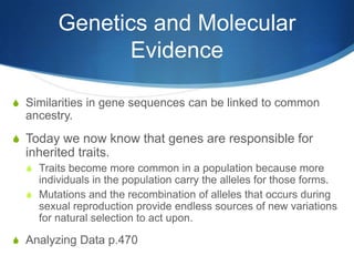 Genetics and Molecular
Evidence
S Similarities in gene sequences can be linked to common
ancestry.
S Today we now know that genes are responsible for
inherited traits.
S Traits become more common in a population because more
individuals in the population carry the alleles for those forms.
S Mutations and the recombination of alleles that occurs during
sexual reproduction provide endless sources of new variations
for natural selection to act upon.
S Analyzing Data p.470
 