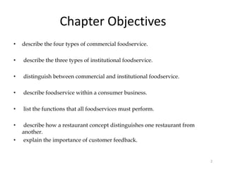 Chapter Objectives
• describe the four types of commercial foodservice.
• describe the three types of institutional foodservice.
• distinguish between commercial and institutional foodservice.
• describe foodservice within a consumer business.
• list the functions that all foodservices must perform.
• describe how a restaurant concept distinguishes one restaurant from
another.
• explain the importance of customer feedback.
2
 