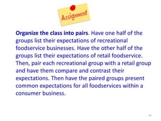 Organize the class into pairs. Have one half of the
groups list their expectations of recreational
foodservice businesses. Have the other half of the
groups list their expectations of retail foodservice.
Then, pair each recreational group with a retail group
and have them compare and contrast their
expectations. Then have the paired groups present
common expectations for all foodservices within a
consumer business.
44
 