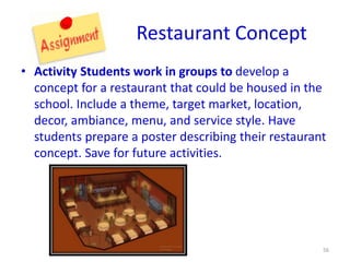 Restaurant Concept
• Activity Students work in groups to develop a
concept for a restaurant that could be housed in the
school. Include a theme, target market, location,
decor, ambiance, menu, and service style. Have
students prepare a poster describing their restaurant
concept. Save for future activities.
56
 