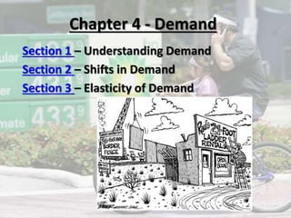 Chapter 4 - Demand
Section 1 – Understanding Demand
Section 2 – Shifts in Demand
Section 3 – Elasticity of Demand
 