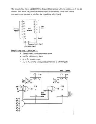The figure below shows a 2716 EPROMchip used to interface with microprocessor. It has 11
address lines which are given from the microprocessor directly. Other lines on the
microprocessor are used to interface the chips (chip select lines).
Interfacing two 2K EPROM :--
 Address line A0 for even memory bank
 BHE for odd memory bank
 A1 to A11 for addresses.
 A12 to A19 for chip select, used as the input to a NAND gate
 