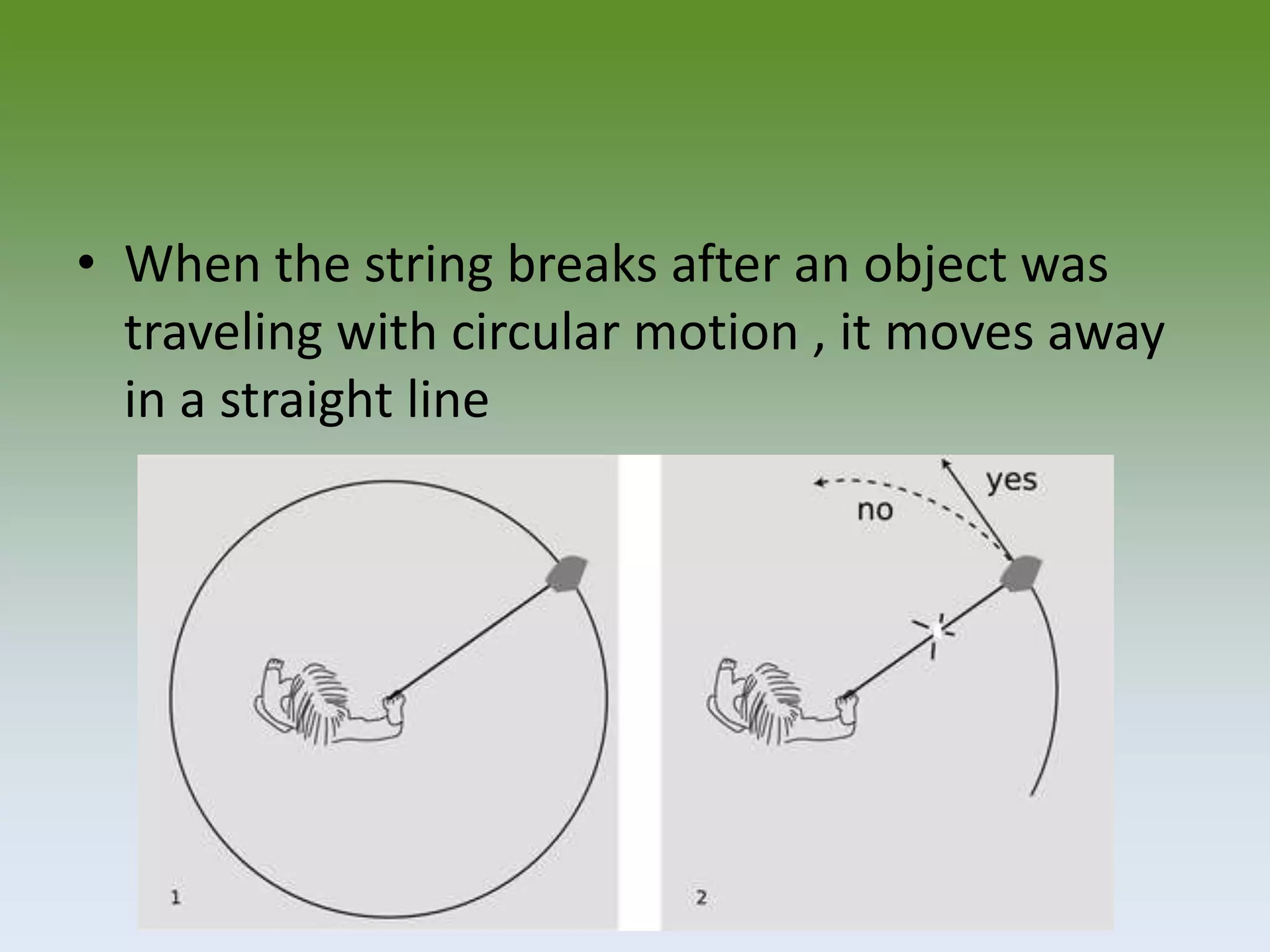 • When the string breaks after an object was
traveling with circular motion , it moves away
in a straight line

 