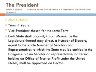 The President Article 2, Section 1: … executive Power shall be vested in a President of the United States of America.  Note1   Note2 Term: 4 Years Vice-President chosen for the same Term Each State shall appoint, in such Manner as the Legislature thereof may direct, a Number of Electors, equal to the whole Number of Senators and Representatives to which the State may be entitled in the Congress: but no Senator or Representative, or Person holding an Office of Trust or Profit under the United States, shall be appointed an Elector. 