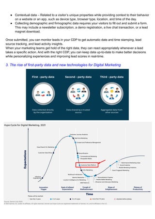 ● Contextual data – Related to a visitor’s unique properties while providing context to their behavior
on a website or an app, such as device type, browser type, location, and time of the day.
● Collecting demographic and firmographic data requires your visitors to fill out and submit a form.
This may include a newsletter subscription, a demo registration, a live chat transaction, or a lead
magnet download.
Once submitted, you can monitor leads in your CDP to get automatic date and time stamping, lead
source tracking, and lead activity insights.
When your marketing teams get hold of the right data, they can react appropriately whenever a lead
takes a specific action. And with the right CDP, you can keep data up-to-date to make better decisions
while personalizing experiences and improving lead scores in real-time.
3. The rise of first-party data and new technologies for Digital Marketing
 