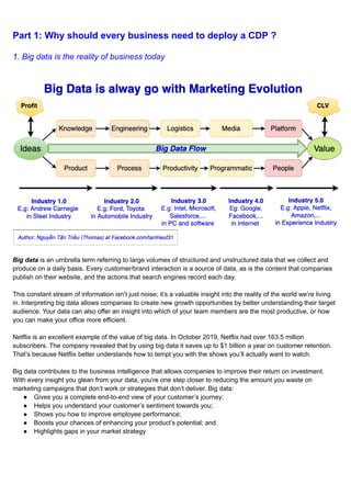 Part 1: Why should every business need to deploy a CDP ?
1. Big data is the reality of business today
Big data is an umbrella term referring to large volumes of structured and unstructured data that we collect and
produce on a daily basis. Every customer/brand interaction is a source of data, as is the content that companies
publish on their website, and the actions that search engines record each day.
This constant stream of information isn’t just noise; it’s a valuable insight into the reality of the world we’re living
in. Interpreting big data allows companies to create new growth opportunities by better understanding their target
audience. Your data can also offer an insight into which of your team members are the most productive, or how
you can make your office more efficient.
Netflix is an excellent example of the value of big data. In October 2019, Netflix had over 163.5 million
subscribers. The company revealed that by using big data it saves up to $1 billion a year on customer retention.
That’s because Netflix better understands how to tempt you with the shows you’ll actually want to watch.
Big data contributes to the business intelligence that allows companies to improve their return on investment.
With every insight you glean from your data, you’re one step closer to reducing the amount you waste on
marketing campaigns that don’t work or strategies that don’t deliver. Big data:
● Gives you a complete end-to-end view of your customer’s journey;
● Helps you understand your customer’s sentiment towards you;
● Shows you how to improve employee performance;
● Boosts your chances of enhancing your product’s potential; and
● Highlights gaps in your market strategy
 