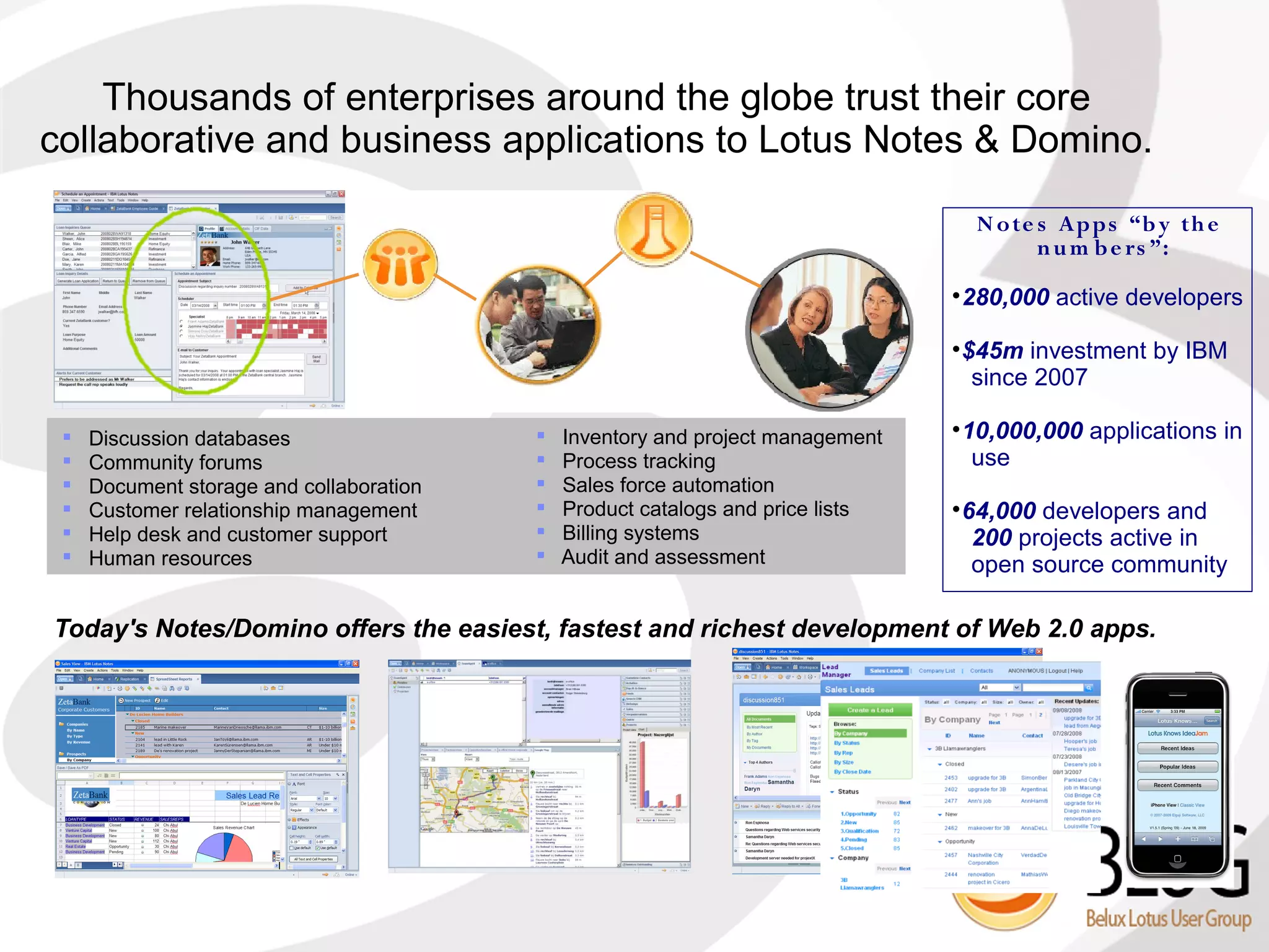 Thousands of enterprises around the globe trust their core
collaborative and business applications to Lotus Notes & Domino.

                                                                                      N o te s Apps “b y th e
                                                                                             n u m b e rs ”:
                                                                                 
                                                                                     280,000 active developers
                                                                                 
                                                                                     $45m investment by IBM
                                                                                      since 2007

    Discussion databases                    Inventory and project management
                                                                                 
                                                                                     10,000,000 applications in
    Community forums                        Process tracking                        use
    Document storage and collaboration      Sales force automation
    Customer relationship management        Product catalogs and price lists   
                                                                                     64,000 developers and
    Help desk and customer support          Billing systems                         200 projects active in
    Human resources                         Audit and assessment                    open source community

Today's Notes/Domino offers the easiest, fastest and richest development of Web 2.0 apps.
 