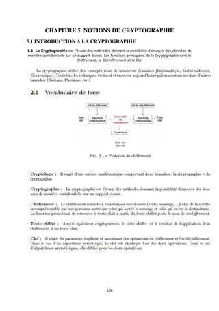 106
CHAPITRE 5. NOTIONS DE CRYPTOGRAPHIE
5.1 INTRODUCTION A LA CRYPTOGRAPHIE
1.1 La Cryptographie est l’étude des méthodes donnant la possibilité d’envoyer des données de
manière confidentielle sur un support donné. Les fonctions principales de la Cryptographie sont le
Chiffrement, le Déchiffrement et la Clé.
 