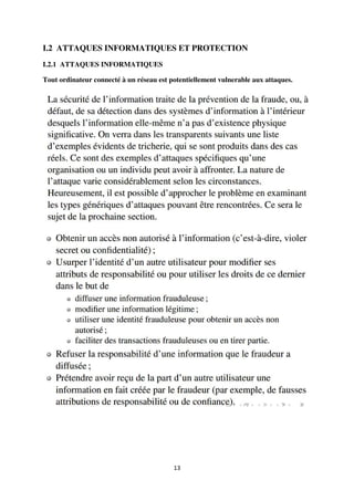 13
I.2 ATTAQUES INFORMATIQUES ET PROTECTION
I.2.1 ATTAQUES INFORMATIQUES
Tout ordinateur connecté à un réseau est potentiellement vulnerable aux attaques.
 