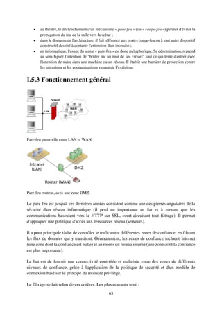 63
 au théâtre, le déclenchement d'un mécanisme « pare-feu » (ou « coupe-feu ») permet d'éviter la
propagation du feu de la salle vers la scène ;
 dans le domaine de l'architecture, il fait référence aux portes coupe-feu ou à tout autre dispositif
constructif destiné à contenir l'extension d'un incendie ;
 en informatique, l'usage du terme « pare-feu » est donc métaphorique. Sa dénomination, reprend
au sens figuré l'intention de "brûler par un mur de feu virtuel" tout ce qui tente d'entrer avec
l'intention de nuire dans une machine ou un réseau. Il établit une barrière de protection contre
les intrusions et les contaminations venant de l’extérieur.
I.5.3 Fonctionnement général
Pare-feu passerelle entre LAN et WAN.
Pare-feu routeur, avec une zone DMZ.
Le pare-feu est jusqu'à ces dernières années considéré comme une des pierres angulaires de la
sécurité d'un réseau informatique (il perd en importance au fur et à mesure que les
communications basculent vers le HTTP sur SSL, court-circuitant tout filtrage). Il permet
d'appliquer une politique d'accès aux ressources réseau (serveurs).
Il a pour principale tâche de contrôler le trafic entre différentes zones de confiance, en filtrant
les flux de données qui y transitent. Généralement, les zones de confiance incluent Internet
(une zone dont la confiance est nulle) et au moins un réseau interne (une zone dont la confiance
est plus importante).
Le but est de fournir une connectivité contrôlée et maîtrisée entre des zones de différents
niveaux de confiance, grâce à l'application de la politique de sécurité et d'un modèle de
connexion basé sur le principe du moindre privilège.
Le filtrage se fait selon divers critères. Les plus courants sont :
 