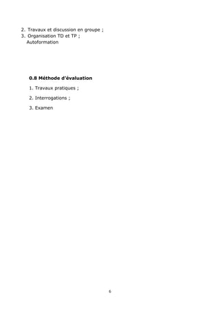 6
2. Travaux et discussion en groupe ;
3. Organisation TD et TP ;
Autoformation
0.8 Méthode d’évaluation
1. Travaux pratiques ;
2. Interrogations ;
3. Examen
 