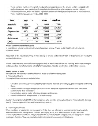 • There are large number of hospitals run by voluntary agencies and the private sector, equipped with
professionals and para medicaf professionals trained in medical, pharmacy and nursing colleges.
• Since independence, there has been a significant expansion in the physical provision of health services.
Public Health Infrastructure in India, 1951-2000
Private Sector Health Infrastructure
In recent time, private health infrastructure has grown largely. Private sector health, infrastructure is
explained below
About 70% of the hospitals running in India belong to private sector. Nearly 60% of dispensaries are run by the
same private sector.
Private sector has also been contributing significantly in medical education and training, medical technologies
and diagnostics, manufacture and sale of pharmaceuticals, hospital construction and medical services.
Health System in India
India’s health infrastructure and healthcare is made up of a three tier system
1. Primary Healthcare
Primary healthcare system in India includes
• Education concerning prevailing health problems and methods of identifying, preventing and controlling
them.
• Promotion of food supply and proper nutrition and adequate supply of water and basic sanitation.
• Maternal and child health care.
• Immunisation against major infectious diseases and injuries.
• Promotion of health and provision of essential drugs.
Auxiliary Nursing Midwife (ANM) is the first person who provides primary healthcare. Primary Health Centres
(PHCs), Community Health Centres (CHCs) and sub centres.
2. Secondary Healthcare
When condition of a patient is not managed by PHCs, they are referred to secondary or tertiary hospitals.
Health care institutes having better facilities for surgery, X-ray, ECG (Electro Cardio Graph) are called
secondary healthcare institutes. They function both as primary health care provider and also provide better
health care facilities. They are mostly located in district and headquarters in big towns.
 
