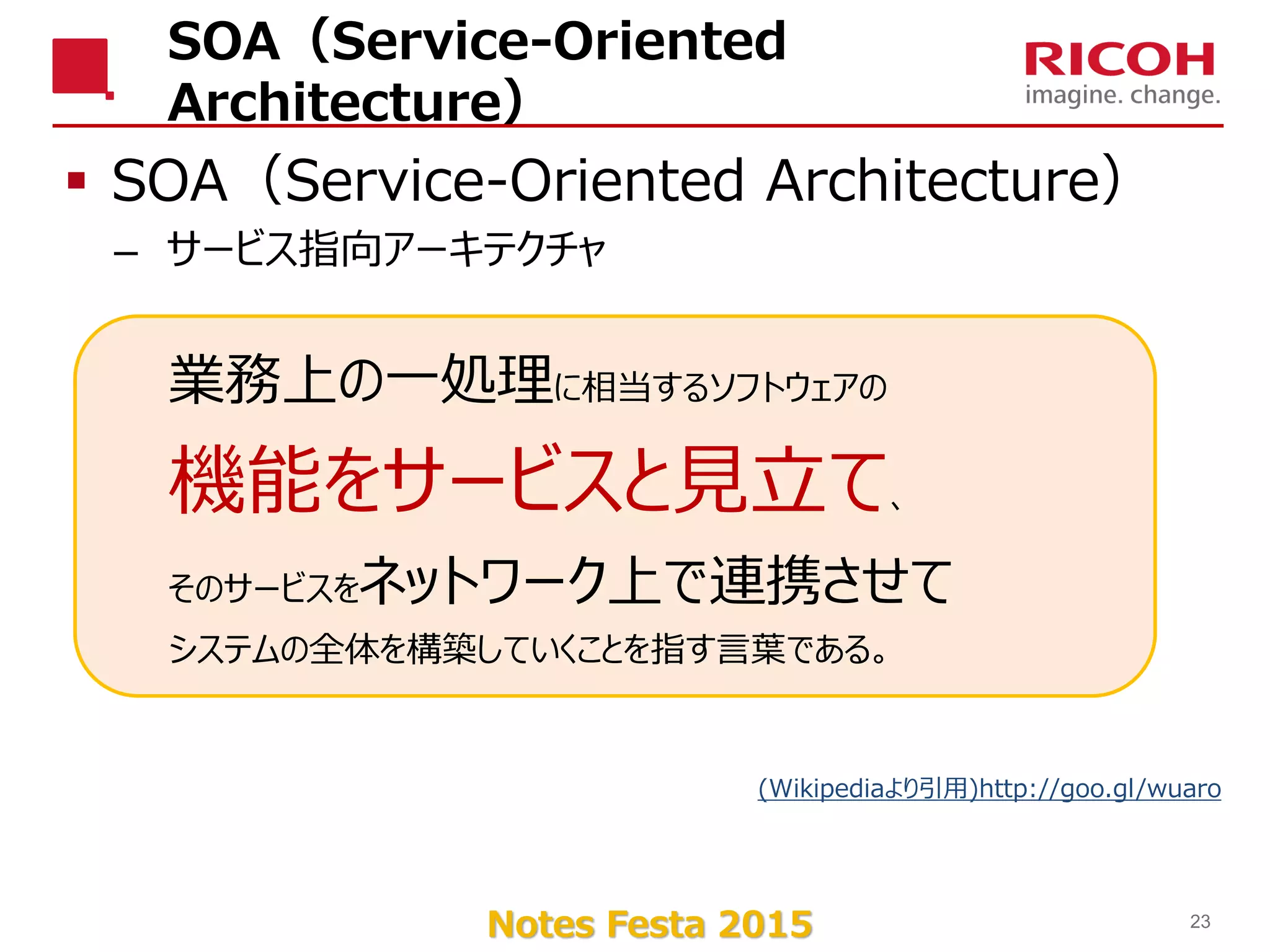 Notes Festa 2015
業務上の一処理に相当するソフトウェアの
機能をサービスと見立て、
そのサービスをネットワーク上で連携させて
システムの全体を構築していくことを指す言葉である。
SOA（Service-Oriented
Architecture）
 SOA（Service-Oriented Architecture）
– サービス指向アーキテクチャ
23
(Wikipediaより引用)http://goo.gl/wuaro
 