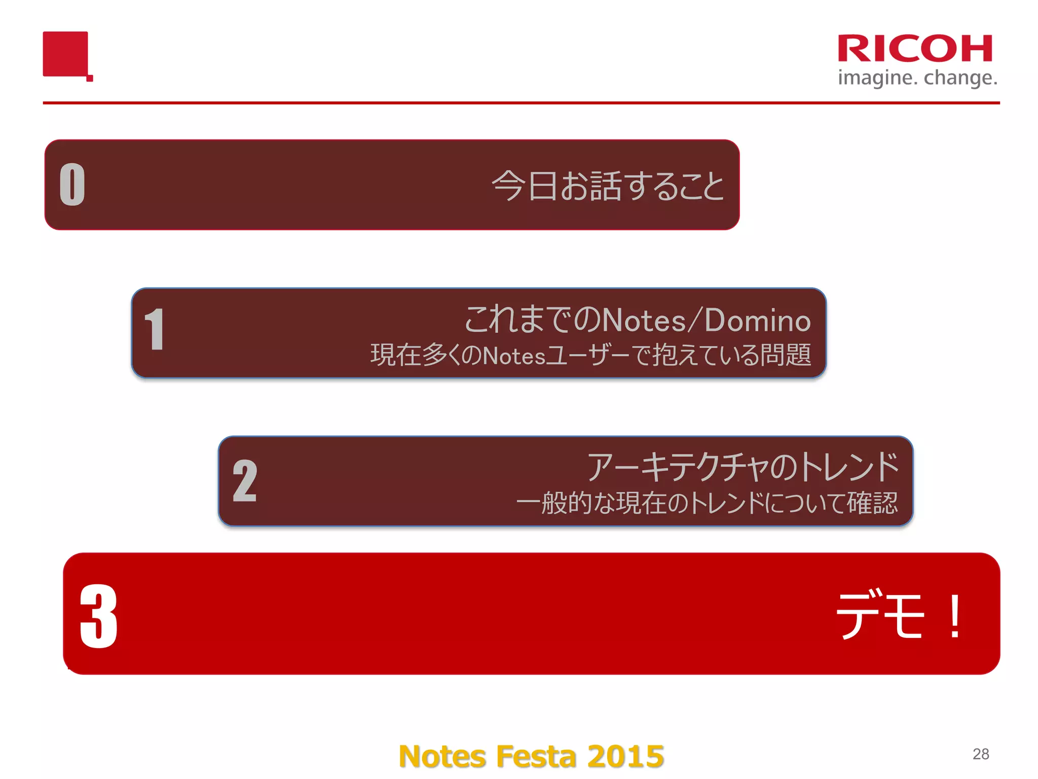 Notes Festa 2015 28
アーキテクチャのトレンド
一般的な現在のトレンドについて確認2
今日お話すること0
これまでのNotes/Domino
現在多くのNotesユーザーで抱えている問題
1
デモ！3
 