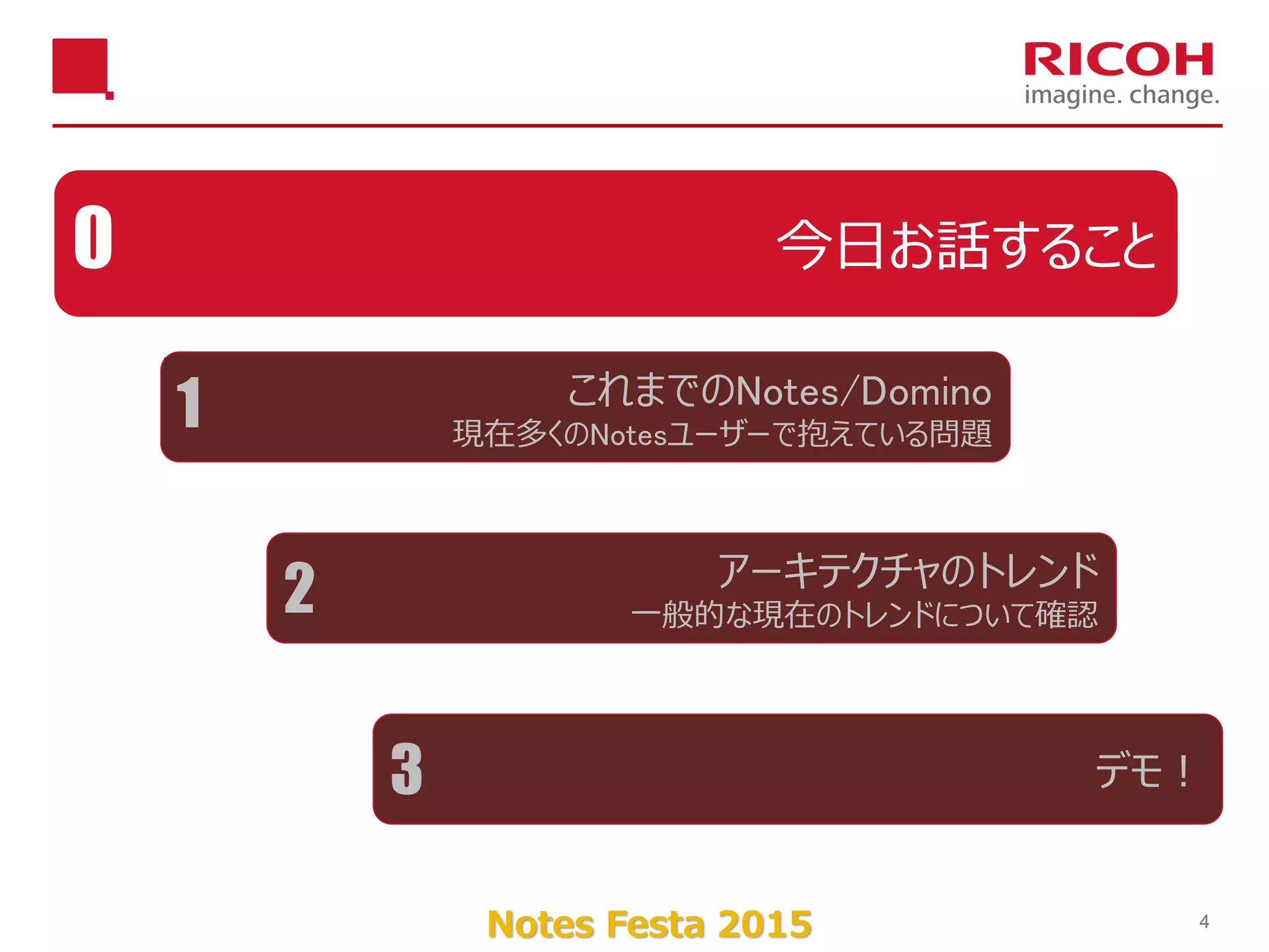 Notes Festa 2015 4
アーキテクチャのトレンド
一般的な現在のトレンドについて確認2
今日お話すること0
これまでのNotes/Domino
現在多くのNotesユーザーで抱えている問題
1
デモ！3
 