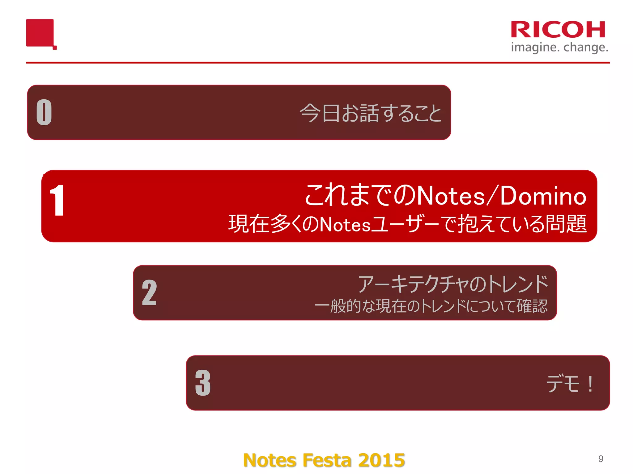 Notes Festa 2015 9
アーキテクチャのトレンド
一般的な現在のトレンドについて確認2
今日お話すること0
これまでのNotes/Domino
現在多くのNotesユーザーで抱えている問題
1
デモ！3
 