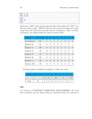 70 Interrupt & Instructions
✞
1 MVI A,15
MVI B,05
3 STC
SBB B
5 HLT
✌
✆
Instruction “MVI” stores the hexadecimal data 05 in register B. “STC” sets
the Carry flag to high. “SBB B” subtracts the contents of register B consid-
ering borrow bit and stores the final result in accumulator. After execution
of program, the register holds the values as shown below.
Register Hex Value D7 D6 D5 D4 D3 D2 D1 D0
Accumulator FA 1 1 1 1 1 0 1 0
Register B 05 0 0 0 0 0 1 0 1
Register C 00 0 0 0 0 0 0 0 0
Register D 00 0 0 0 0 0 0 0 0
Register E 00 0 0 0 0 0 0 0 0
Register H 00 0 0 0 0 0 0 0 0
Register L 00 0 0 0 0 0 0 0 0
Memory (M) 00 0 0 0 0 0 0 0 0
The flag registers modified accordingly to reflect the result.
Register Hex Value D7 D6 D5 D4 D3 D2 D1 D0
S Z * AC * P * CY
Flag 85 1 0 0 0 0 1 0 1
SBI
It is acronym of SUBTRACT IMMEDIATE WITH BORROW. The 8-bit
data (operand) and the Borrow flag are subtracted from the contents of
 