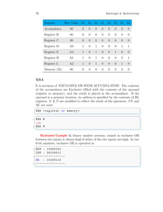 76 Interrupt & Instructions
Register Hex Value D7 D6 D5 D4 D3 D2 D1 D0
Accumulator 00 0 0 0 0 0 0 0 0
Register B 00 0 0 0 0 0 0 0 0
Register C 00 0 0 0 0 0 0 0 0
Register D A3 1 0 1 0 0 0 1 1
Register E A4 1 0 1 0 0 1 0 0
Register H A1 1 0 1 0 0 0 0 1
Register L A2 1 0 1 0 0 0 1 0
Memory (M) 00 0 0 0 0 0 0 0 0
XRA
It is acronym of ‘EXCLUSIVE OR WITH ACCUMULATOR’. The contents
of the accumulator are Exclusive ORed with the contents of the operand
(register or memory), and the result is placed in the accumulator. If the
operand is a memory location, its address is specified by the contents of HL
registers. S, Z, P are modified to reflect the result of the operation. CY and
AC are reset.
✞
XRA <register or memory >
✌
✆
✞
1 XRA B
;or
3 XRA M
✌
✆
Illustrated Example In binary number systems, output in exclusive OR
between two inputs is always high if either of the two inputs are high. In two
8-bit numbers, exclusive OR is operated as
✞
1 85H : 10000101
23H : 00100011
3 ----------------
OR : 10100110
5 ----------------
✌
✆
 