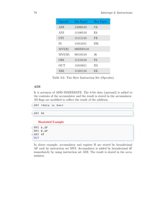 78 Interrupt & Instructions
Opcode Bin Equiv Hex Equiv
ADI 11000110 C6
ANI 11100110 E6
CPI 11111110 FE
IN 11011011 DB
MVI(R) 00DDD110
MVI(M) 00110110 36
ORI 11110110 F6
OUT 11010011 D3
XRI 11101110 EE
Table 2.6: Two Byte Instruction Set (Opcodes)
ADI
It is acronym of ADD IMMEDIATE. The 8-bit data (operand) is added to
the contents of the accumulator and the result is stored in the accumulator.
All flags are modified to reflect the result of the addition.
✞
1 ADI <data in hex >
✌
✆
✞
1 ADI 45
✌
✆
Illustrated Example
✞
1 MVI A,AF
MVI B,AF
3 ADI 4F
HLT
✌
✆
In above example, accumulator and register B are stored by hexadecimal
AF each by instruction set MVI. Accumulator is added by hexadecimal 4F
immediately by using instruction set ADI. The result is stored in the accu-
mulator.
 