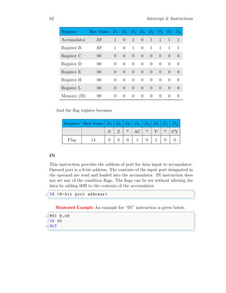 82 Interrupt & Instructions
Register Hex Value D7 D6 D5 D4 D3 D2 D1 D0
Accumulator AF 1 0 1 0 1 1 1 1
Register B AF 1 0 1 0 1 1 1 1
Register C 00 0 0 0 0 0 0 0 0
Register D 00 0 0 0 0 0 0 0 0
Register E 00 0 0 0 0 0 0 0 0
Register H 00 0 0 0 0 0 0 0 0
Register L 00 0 0 0 0 0 0 0 0
Memory (M) 00 0 0 0 0 0 0 0 0
And the flag register becomes
Register Hex Value D7 D6 D5 D4 D3 D2 D1 D0
S Z * AC * P * CY
Flag 14 0 0 0 1 0 1 0 0
IN
This instruction provides the address of port for data input to accumulator.
Opened port is a 8-bit address. The contents of the input port designated in
the operand are read and loaded into the accumulator. IN instruction does
not set any of the condition flags. The flags can be set without altering the
data by adding 00H to the contents of the accumulator.
✞
1 IN <8-bit port address >
✌
✆
Illustrated Example An example for “IN” instruction is given below.
✞
1 MVI B,06
IN 00
3 HLT
✌
✆
 