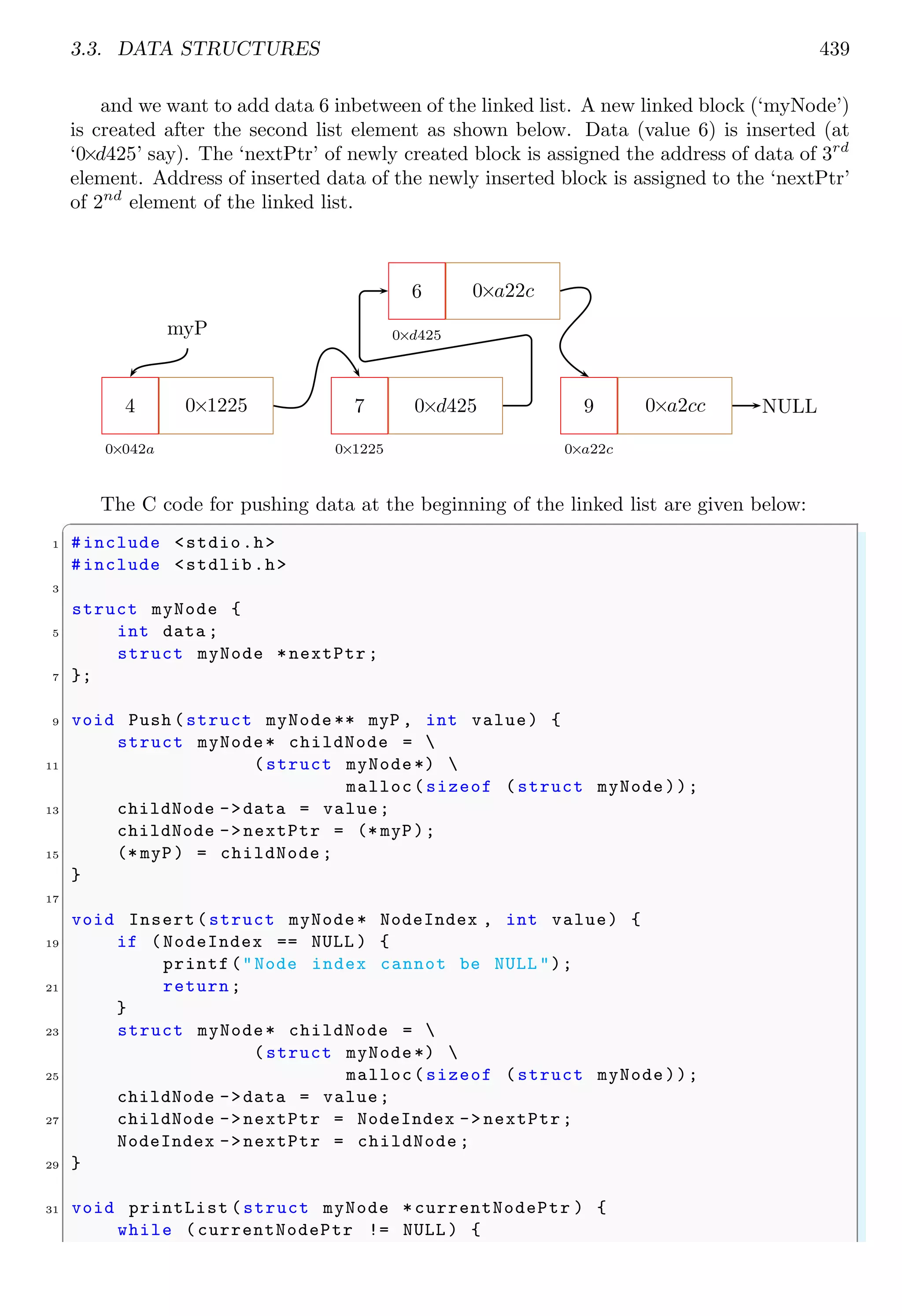 3.3. DATA STRUCTURES 439
and we want to add data 6 inbetween of the linked list. A new linked block (‘myNode’)
is created after the second list element as shown below. Data (value 6) is inserted (at
‘0×d425’ say). The ‘nextPtr’ of newly created block is assigned the address of data of 3rd
element. Address of inserted data of the newly inserted block is assigned to the ‘nextPtr’
of 2nd
element of the linked list.
4
0×042a
0×1225 7
0×1225
0×d425
6
0×d425
0×a22c
9
0×a22c
0×a2cc
myP
NULL
The C code for pushing data at the beginning of the linked list are given below:
✞
1 #include <stdio.h>
#include <stdlib.h>
3
struct myNode {
5 int data ;
struct myNode *nextPtr ;
7 };
9 void Push (struct myNode ** myP , int value) {
struct myNode* childNode = 
11 (struct myNode*) 
malloc(sizeof (struct myNode));
13 childNode ->data = value;
childNode ->nextPtr = (* myP);
15 (* myP) = childNode ;
}
17
void Insert(struct myNode* NodeIndex , int value) {
19 if (NodeIndex == NULL ) {
printf("Node index cannot be NULL ");
21 return;
}
23 struct myNode* childNode = 
(struct myNode*) 
25 malloc(sizeof (struct myNode));
childNode ->data = value;
27 childNode ->nextPtr = NodeIndex -> nextPtr;
NodeIndex ->nextPtr = childNode ;
29 }
31 void printList (struct myNode *currentNodePtr ) {
while (currentNodePtr != NULL ) {
 