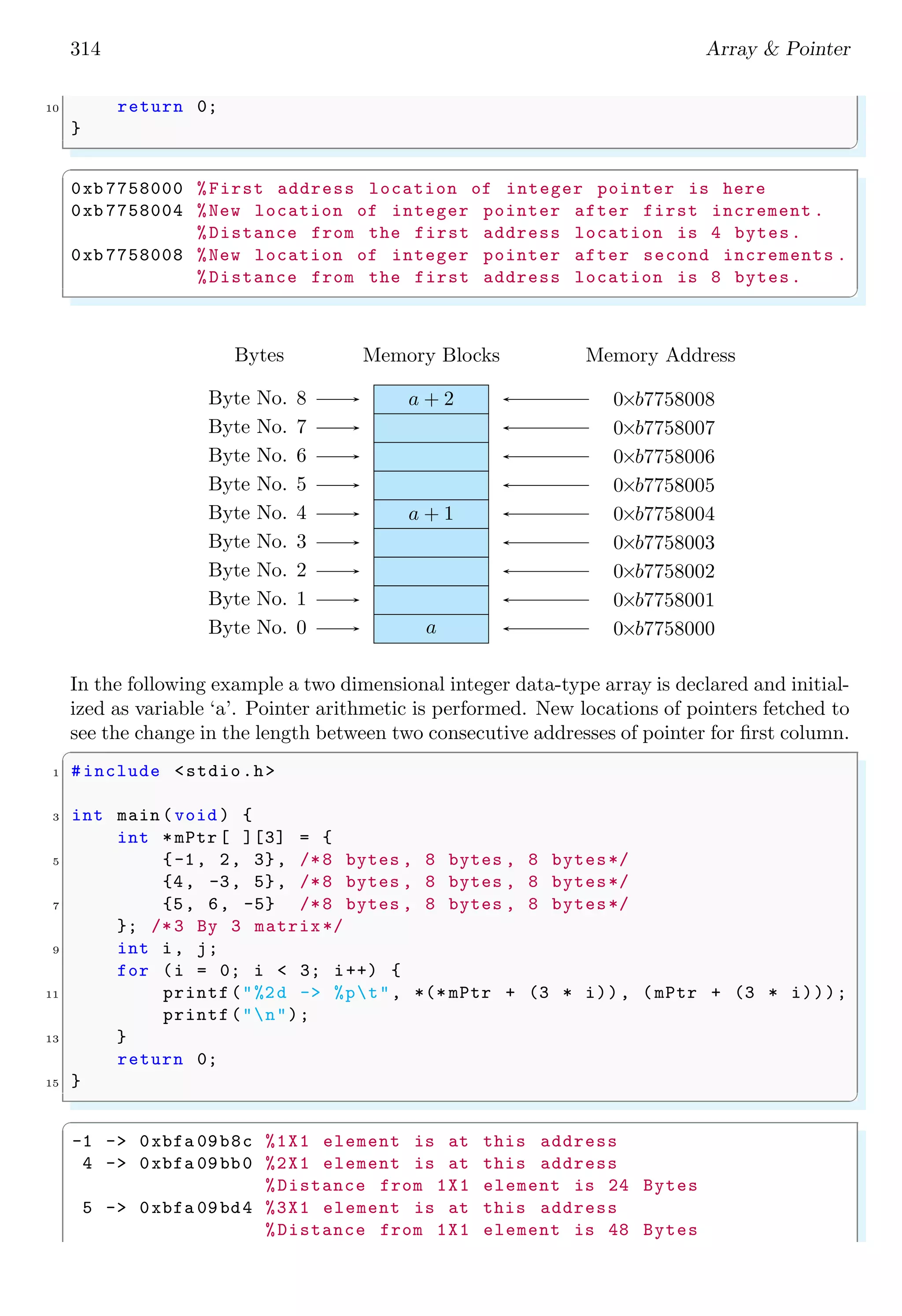 314 Array & Pointer
10 return 0;
}
✌
✆
✞
0xb 7758000 %First address location of integer pointer is here
0xb 7758004 %New location of integer pointer after first increment .
%Distance from the first address location is 4 bytes.
0xb 7758008 %New location of integer pointer after second increments .
%Distance from the first address location is 8 bytes.
✌
✆
Bytes Memory Blocks Memory Address
0×b7758000
Byte No. 0
0×b7758001
Byte No. 1
0×b7758002
Byte No. 2
0×b7758003
Byte No. 3
0×b7758004
Byte No. 4
0×b7758005
Byte No. 5
0×b7758006
Byte No. 6
0×b7758007
Byte No. 7
0×b7758008
Byte No. 8
a
a + 1
a + 2
In the following example a two dimensional integer data-type array is declared and initial-
ized as variable ‘a’. Pointer arithmetic is performed. New locations of pointers fetched to
see the change in the length between two consecutive addresses of pointer for first column.
✞
1 #include <stdio.h>
3 int main (void ) {
int *mPtr [ ][3] = {
5 {-1, 2, 3}, /*8 bytes , 8 bytes , 8 bytes*/
{4, -3, 5}, /*8 bytes , 8 bytes , 8 bytes*/
7 {5, 6, -5} /*8 bytes , 8 bytes , 8 bytes*/
}; /*3 By 3 matrix*/
9 int i, j;
for (i = 0; i < 3; i++) {
11 printf("%2d -> %pt", *(* mPtr + (3 * i)), (mPtr + (3 * i)));
printf("n");
13 }
return 0;
15 }
✌
✆
✞
-1 -> 0xbfa 09b8c %1X1 element is at this address
4 -> 0xbfa 09bb0 %2X1 element is at this address
%Distance from 1X1 element is 24 Bytes
5 -> 0xbfa 09bd4 %3X1 element is at this address
%Distance from 1X1 element is 48 Bytes
 